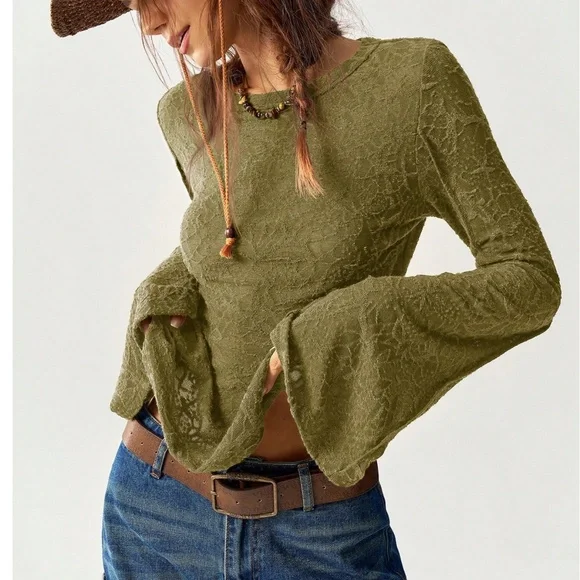 Solid lace Fitted Long Bell Sleeve Top